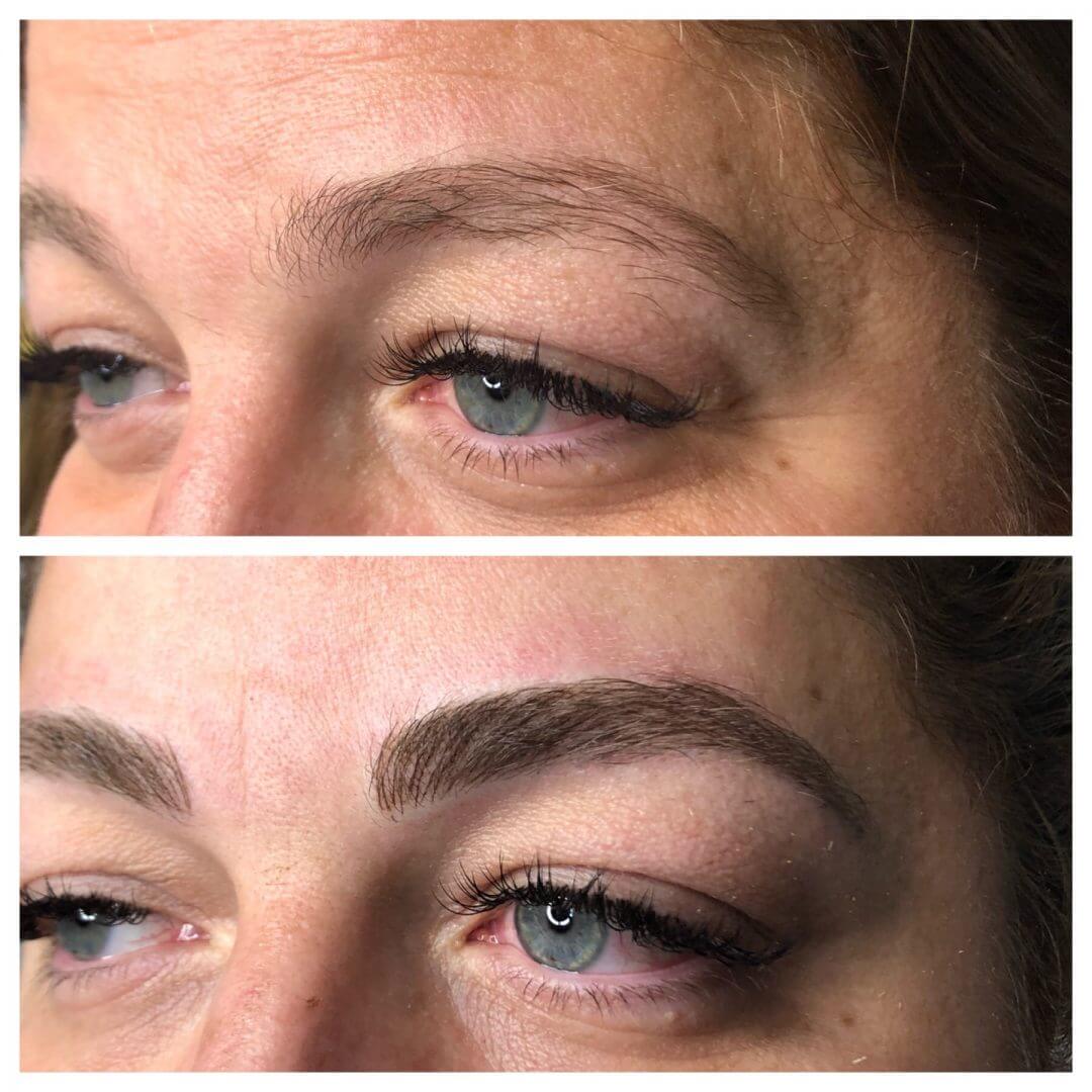 Before and after microblading on a woman's brows