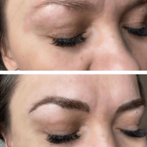 Before and after brow treatment on light, sparse brows